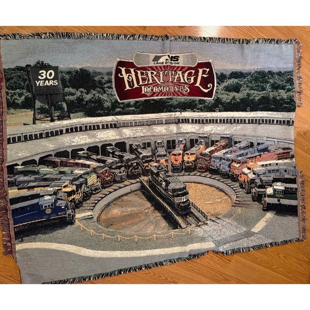Vtg Heritage Locomotives Tapestry Blanket Fringe 70x50” 30 Years NS Lake Divisio